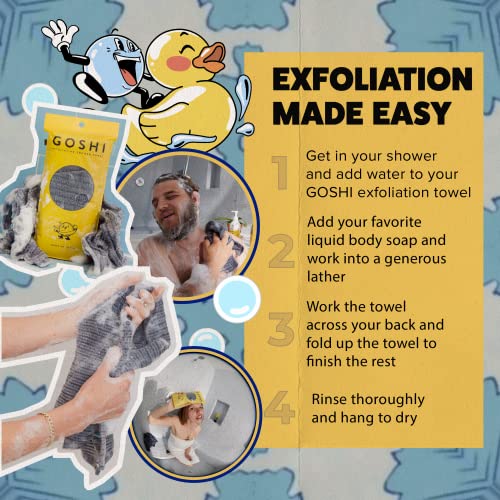 GOSHI Exfoliating Shower Towel - Long Body Scrubber for Back Acne