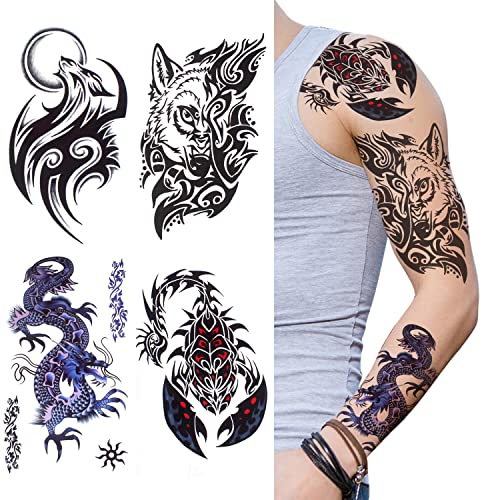 18-Sheet Realistic Fake Tattoos - Waterproof Tribal Dragon & Wolf Designs