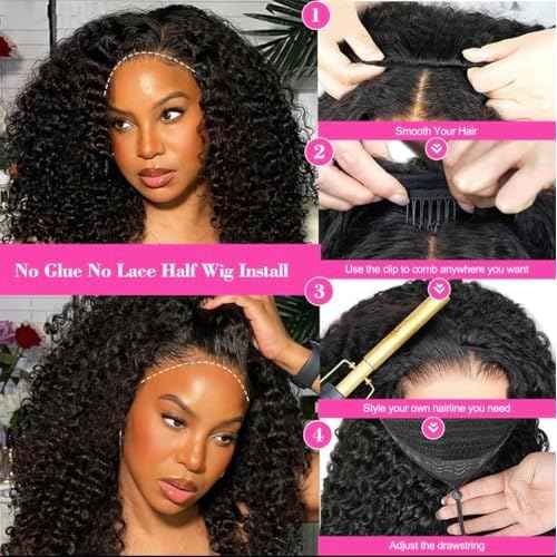 Larhali Half Wig Human Hair Glueless Wigs Upgrade 3 IN 1 Half Wig With Drawstring Seamless Clip Ins Flip Over Burmese Curly Human Hair No Glue No Lace For Women 200% Density (Natural Color, 22inch)