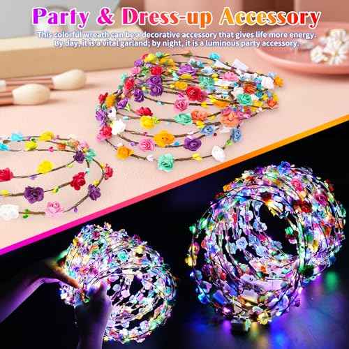24 PCS LED Flower Crowns Headbands, Light Up Flower Crowns for Women & Girls, Glow in The Dark Flower Hairbands Wreath for Wedding Beach Party Birthday Cosplay Gifts, Halloween, Christmas