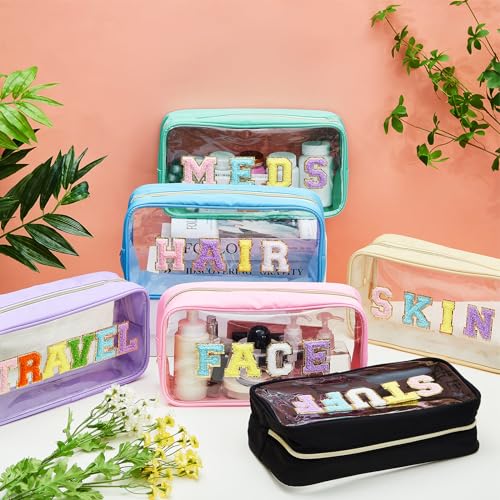 Abbylike 6 Pcs Large Chenille Letter Cosmetic Bag Preppy Patch PVC Nylon Makeup Bag Portable Glitter Clear Cosmetic Bags with Zipper Travel Toiletry Storage Stuff Pouch for Women
