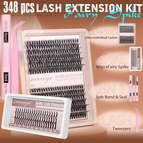 Geeneiya Lash Clusters with Spikes Fairy Cluster Eyelash Extensions Kit 40D+50D Lash Extension Kit 8-18MM Wispy D Curl Spiky Individual Lashes Kit with Lash Bond and Seal for Beginners