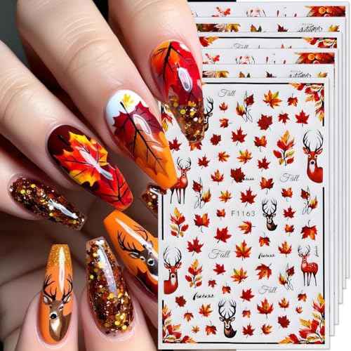 Fall Nail Art Stickers Autumn Maple Leaf Nail Decals 6PCS Autumn Leaves Deer Design 3D Self-Adhesive Nail Art Decorations Supplies Fall Stickers for Nails Women Thanksgiving Day DIY Manicure Decor