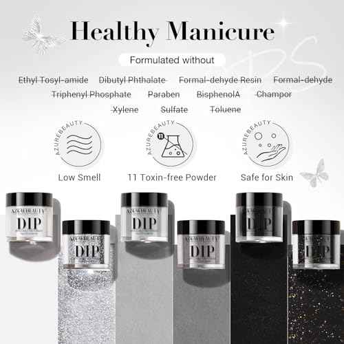 AZUREBEAUTY Dip Powder Nail Basic Set White Black Silver Grey Pure Sparkle 6 Colors All Seasons Dipping Powder Starter Kit French Nail Art Manicure DIY Salon for Women, No Need Nail Lamp Cured