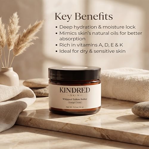 Kindred Skin Whipped Tallow Body Butter ? Handcrafted in USA ? Grass-Fed Beef Tallow ? Hydrating Face & Body Moisturizer for Dry, Sensitive Skin ? Clean, Non-Greasy Skincare ? Orang? Cr?me, 1.2 oz