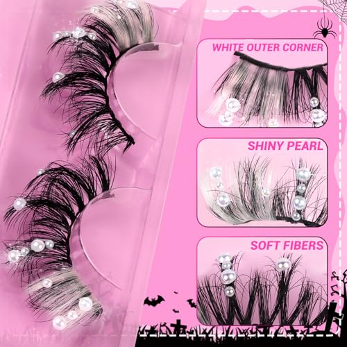 Veleasha Christmas Lashes Wispy Lashes with Pearl & White Stripes 20mm Cosplay False Eyelashes 3D Fake Lashes Kit with Lash Glue and Tweezers Handmade False Lashes for Masquerade Party (Snow White)