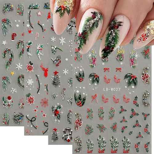 Christmas Nail Art Stickers, 5D Embossed Holly Leaf Nail Decals Green Red Winter Leaf Reindeer Snowflake Design Holiday Nail Art Supplies for Women Girls(4Sheets)