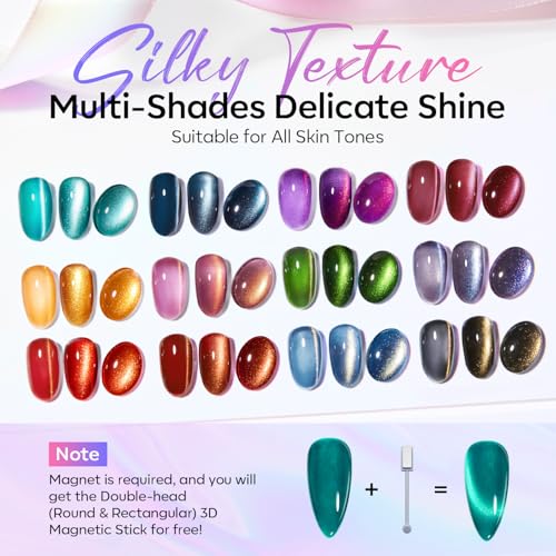 modelones 15ML Cat Eye Gel Nail Polish Set, 12Pcs Glitter Pink Red Green Purple Blue Cateye Gel Polish Set with Magnet Sparkle Series Hema-free Gel Polish Kit Same Color Same Bottle Soak Off Nail Art