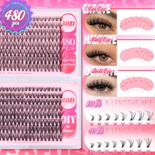 Lash Clusters Wispy 480pcs Eyelash Clusters 30D 40DCluster Eyelash Extensions 9-16mm Individual Lashes Natural False Eyelashes Cluster Lashes Extension DIY at Home by CORUSCATE