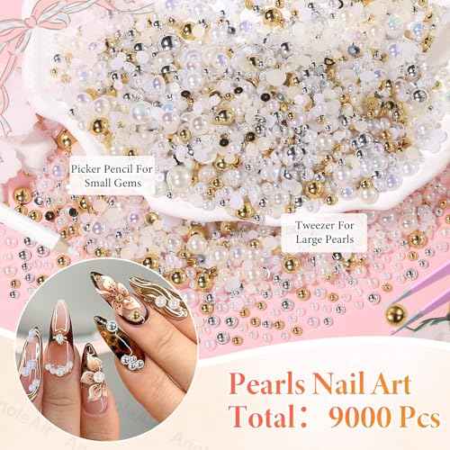 9000Pcs Half Pearls for Crafting, Gold Silver White Flatback Pearls for Bedazzling, Flatback Gold Pearl for Nails, ABS Pearl Nail Beads Gems for Nails DIY Crafts Shoes Clothes Bags DIY Making