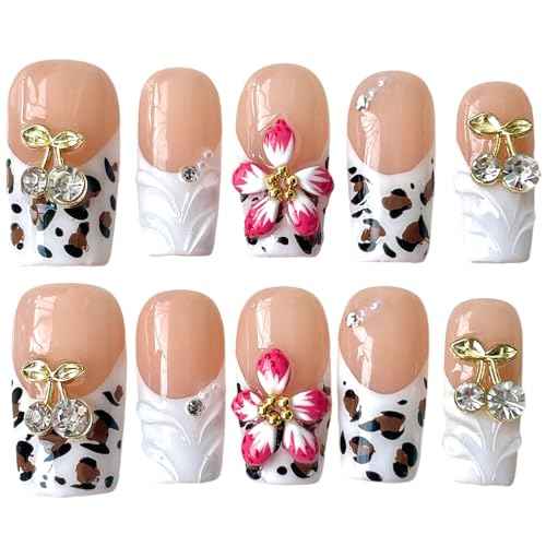 Handmade Press On Nails, 3D Velvet Floral Short/Medium Length Square White French Tips, Leopard Cherry Design, Reusable Acrylic False Nails (Velvet Jungle, M)