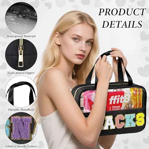 Snack Bag for Travel, Chenille Letter Clear Makeup Bag, 11.8" x 7.9" Nylon & PVC Waterproof Cosmetic Pouch with Handle and Zipper, Cute Preppy Storage Organizer Pouches for Women Girls (Black)