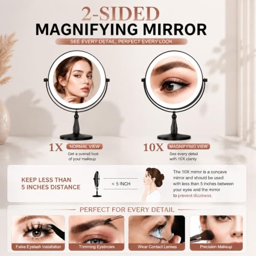 WOOCICA 10X Lighted Vanity Mirror with 2000mAh Battery, 9-Inch 360° Rotating 3-Color LED - Black (10x Black 2000mah)
