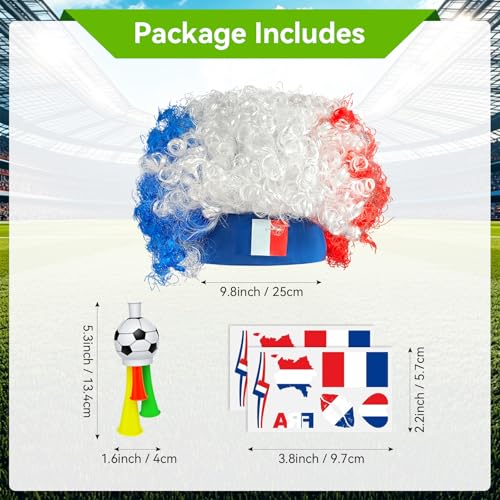 France Soccer Fan Gear Set with Temporary Tattoos, Wig & Loud Horn – World Cup Party Supplies