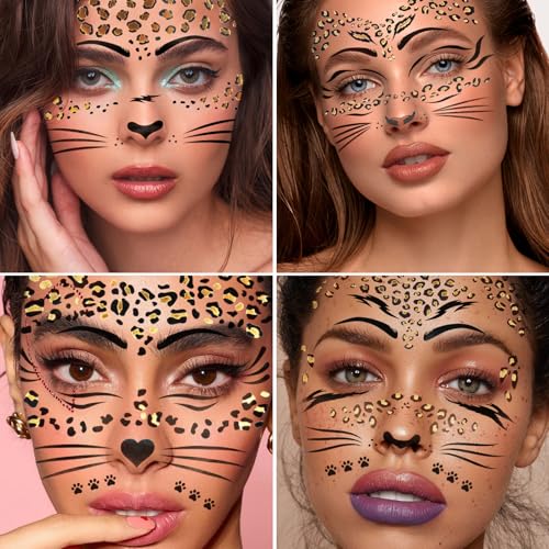 Leopard Face Tattoo Stickers - 7 Sheets Glitter Cheetah Print