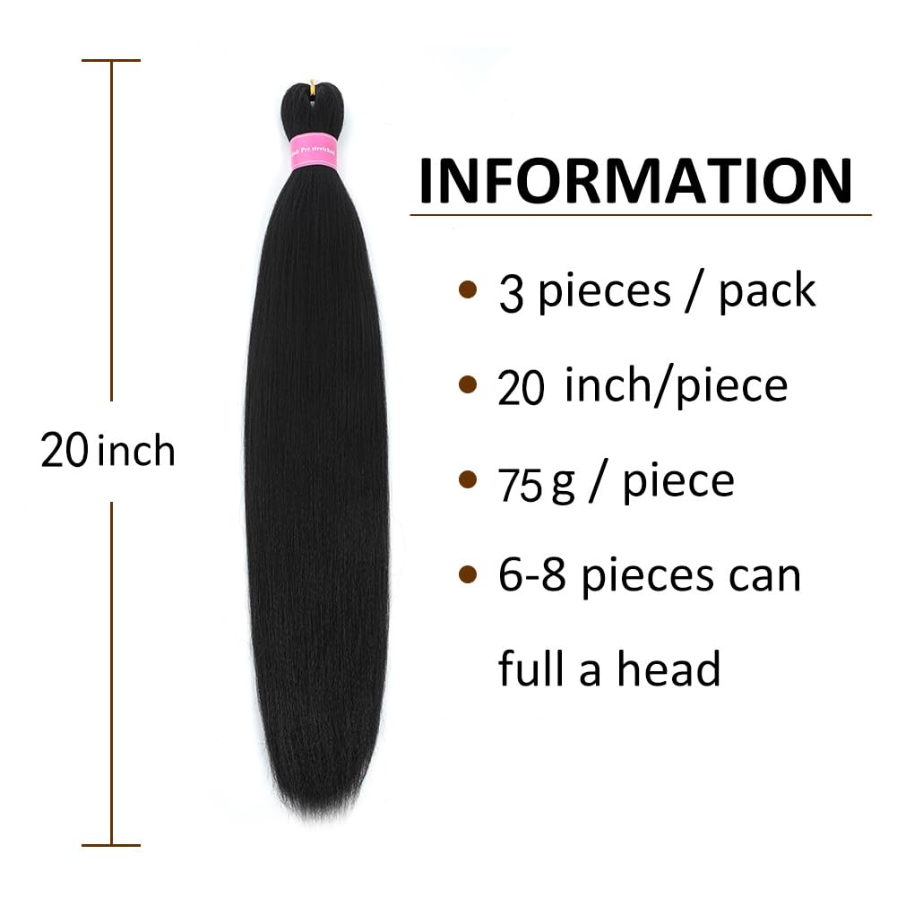 AFNOTE Pre Stretched Braiding Hair Extensions for Braids 20 Inch 3 Packs Black Braiding Hair Pre Stretched Synthetic Soft Prestretched Braid Hair Extension Hot Water Setting-Black 1B#