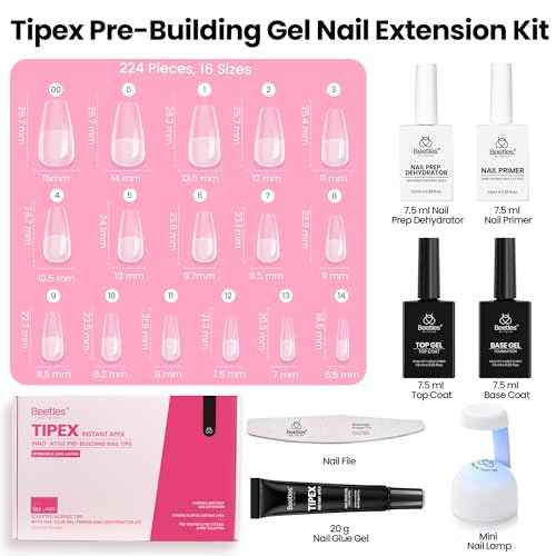 Beetles Tipex Pre-Building Instant Apex Nail Tips Kit ? Coffin Medium, 224PCS in 16 Sizes | Pre-Etched, Thick Full Cover Acrylic Tips with Nail Glue, Dehydrator, Primer, Base & Top Coat, Mini UV Lamp