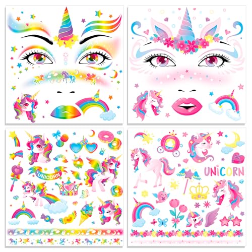 HOWAF Unicorn Face Tattoos - 4 Sheet Set, Waterproof Halloween