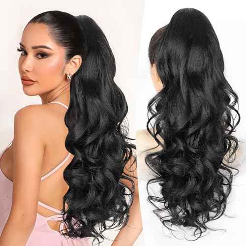 ALXNAN Ponytail Extension,24 Inch Claw Clip in Long Curly Wavy Black Ponytail Hair Extension Jaw Clip on Pony Tails Hairpiece for Women
