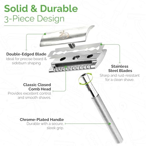 Double Edge Safety Razor - Single Shaving Metal Razors With 10 Platinum Coated Stainless Steel Double Edge Blades Reusable Eco And Travel Friendly Saftey Shaver Blade Set Men Women (Silver, Single)