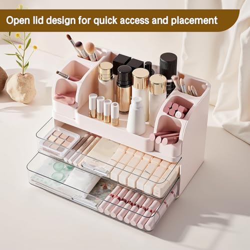Makeup Organizer for Vanity Countertop with 2 Large Drawers, Spacious Display Cabinet, Partitioned Top Compartment 6 Brush Holders - Pink Beauty Storage Solution