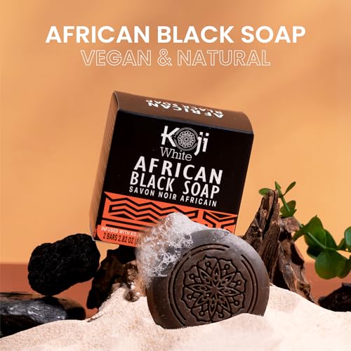Koji White African Black Soap Bar with Kojic Acid for Exfoliating Body Wash - Face Exfoliating Soap & Face Moisturizer with Shea Butter, Aloe Vera, Coconut Oil - Vegan, Paraben-Free, 2.82oz (2 Bars)