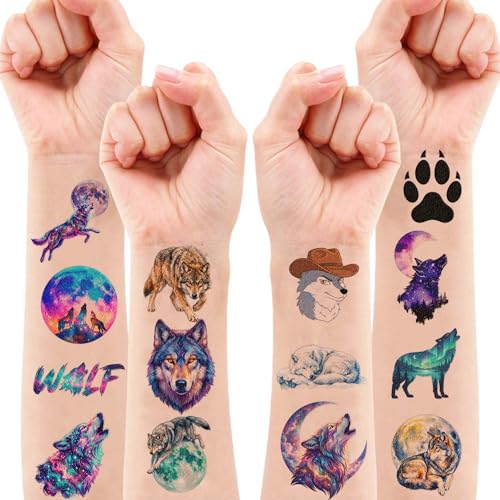 96 PCS Galaxy Wolf Temporary Tattoos for Kids