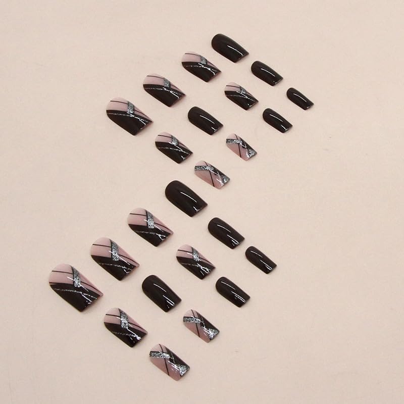 Fuldgaenr Press on Nails Medium Length Fake Nails Square False Nails Dark Wine Red Glue on Nail Design Glitter Lines Artificial Nail Acrylic for Women