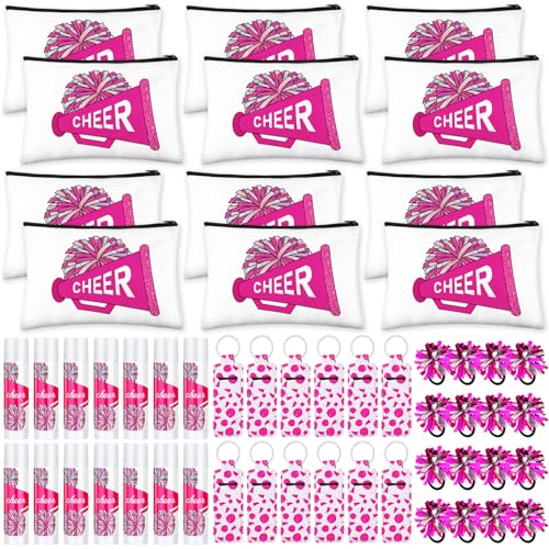 48 Pcs Cheer Gifts Bulk for Team Cheer Gifts Bulk Include 12 Pcs Cheer Makeup Bag 12 Pcs Cheer Lip Balm 12 Pcs Lip Balm Holder 12 Pcs Hair Ropes for Women Cheerleader Teammates