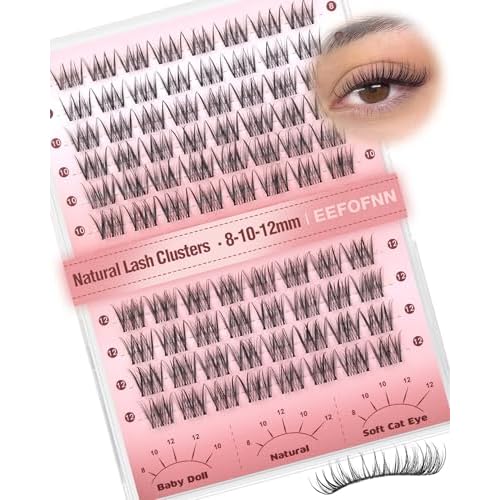 Wispy Lash Clusters 8-10-12mm Natural Cluster Eyelash Extensions Short Eyelash Clusters C-Curl Individual Lashes Clear Band Clusters Lashes Natural Look for Daily Wear DIY Eyelash Extension by EEFOFNN