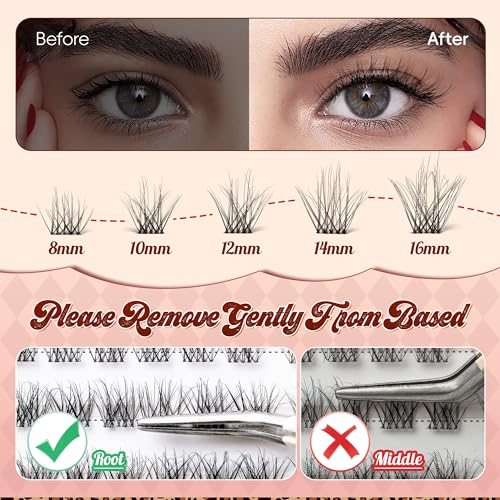 Lash Clusters 0.05mm PBT Fiber Eyelash Clusters, 0.1mm Superfine Invisiband D Curl Diy Lash Extension, 96pcs 8-16mm Individual Like Eyelash Extensions (Dash-D-8-16Mix)