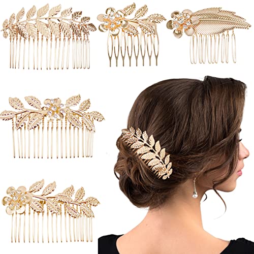 5-Piece Gold Leaf Hair Combs Rhinestone Wedding Hair Clips Set