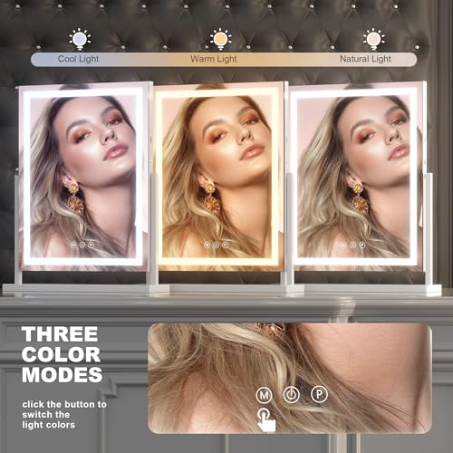 Hasipu Large LED Vanity Mirror 17"x22" - Makeup Mirror with 10X Magnification, Smart Touch 3-Color Lighting & Dimmable Control