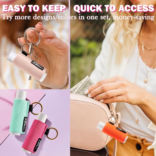 WK IEASON - Lip Balm Holder Keychain Clip On Lipstick/Chapstick Sleeve, Tight-Knit and Elastic (Pink/Light beige/Grey)