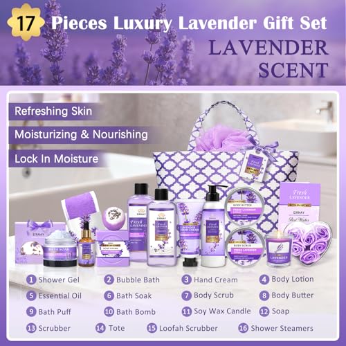 Lavender Spa Gift Set for Women - 17-Piece Bath & Body Care Kit with Candle & Tote