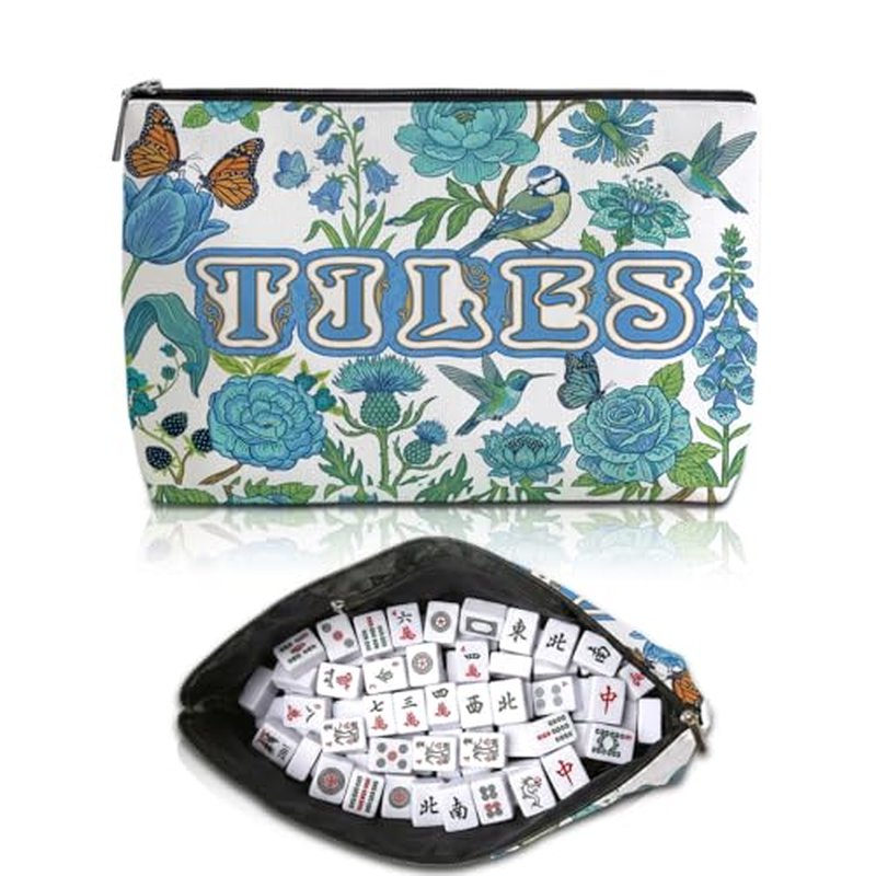 Blue Leaves Mahjong Tile Bag - Durable Canvas with Zipper