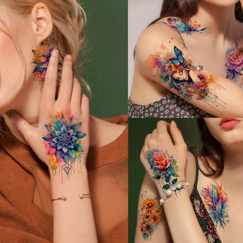 Glaryyears Watercolor Temporary Tattoos for Women Adults - Pattern A, 52 pcs