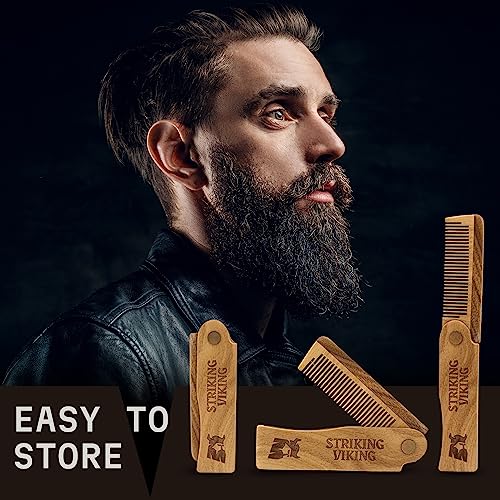 Beard Folding Wooden Comb and 4 Pack Beard Oil for Men - By Striking Vikings