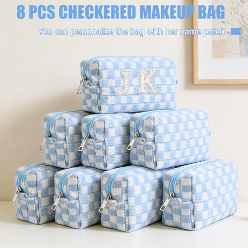 Giesiery 8-Pack Blue Checkered Makeup Bags - Travel Toiletry Pouches