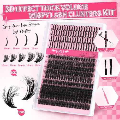 PROLASHBEAUTY Lash Clusters with Spikes Lash Clusters Kit 3D Style Individual Lashes Kit with Bond and Seal Lash Tweezers Remover Easy to Apply at Home (80D+100D-D-10-18mix)