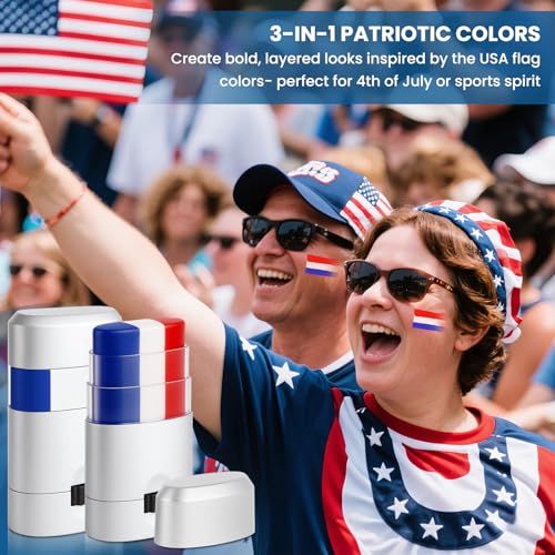 2PCS Red White and Blue Face Body Paint Sticks- Patriotic Pride 4th of July Accessories for Women, Eye-Black Stick Baseball Softball Sports Makeup, Fourth of July USA Accessories for Independence Day