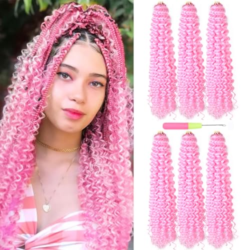 FEILIMEI Deep Wave Crochet Hair 22 Inch Pink (Pack of 6)