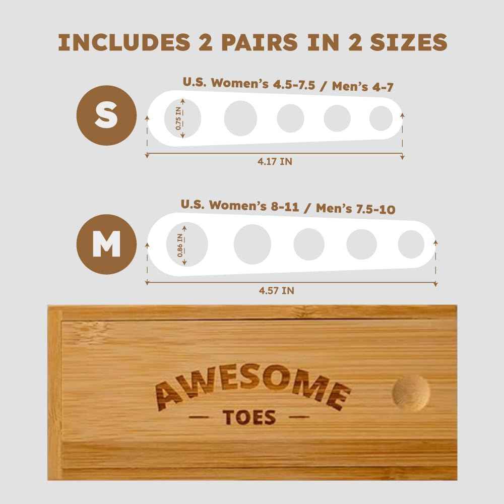 Awesome Toes Spacers & Separators, Fast Pain Relief from Hammertoe & Bunions, Two Pairs in Stylish Wooden Box, Latex-Free Rubber Toe Stretchers for Men & Women