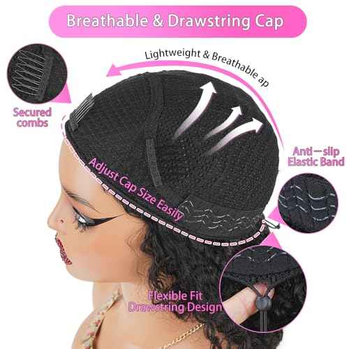 24 Inch Burmese Curly Half Wig 200 Density Seamless Flip Over Wig Glueless Human Hair Curly 3 In 1 Half Wigs Wear and Go Drawstring Headband Wig for Women Beginner Friendly