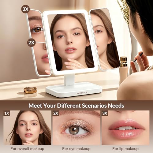 EASEHOLD Rechargeable Trifold Lighted Makeup Mirror 64 LED 1X/2X/3X