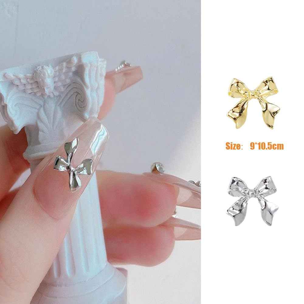 KACHIMOO 40pcs Bow Nail Charms - Gold & Silver Bowknots 3D Alloy Nail Art Bows