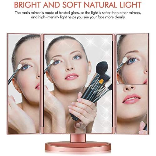 Trifold Makeup Mirror Vanity Mirror with Lights,1X 2X 3X Magnification,Touch Control,Adjustable Rotation,Dual Power Supply,Portable Travel Cosmetic Mirror,Birthday Gifts for Women,Teengirls