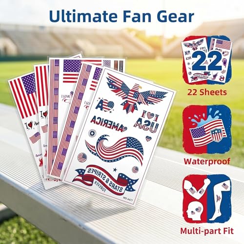 USA Flag Temporary Tattoos - 22 Sheet Patriotic Face Stickers