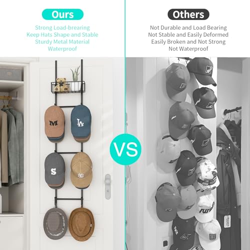 Over Door Hat Rack with 6 Hooks & Basket - Holds 32+ Caps