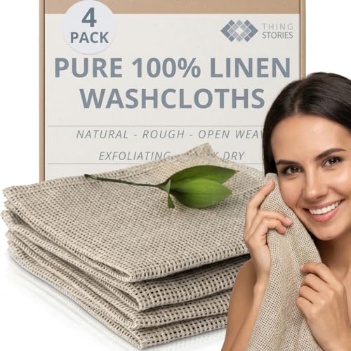 Linen Exfoliating Washcloth for Face - 4-Pack - 100% Flax Linen Washcloths - 12x12-inch Small Exfoliating Towel - Natural Face Towel Wash Cloth